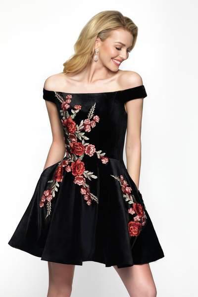 Blush - 11628 Floral Embroidered Off-Shoulder Velvet A-line Dress