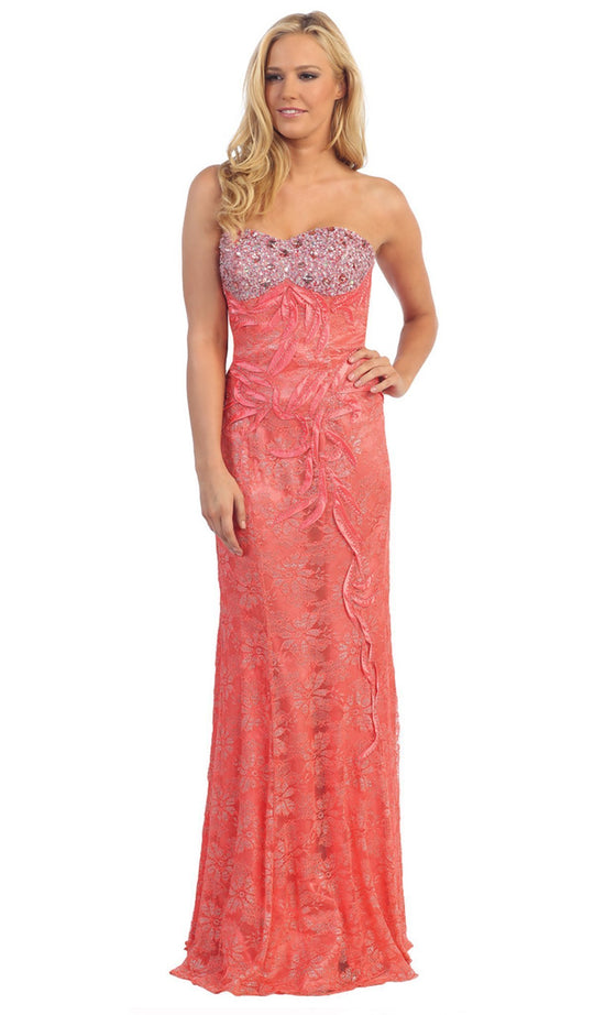 Dancing Queen - 8072 Strapless Beaded Foliage Motif Prom Gown In Orange