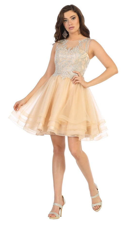 May Queen - MQ1681 Embellished Illusion Bateau Tiered A-line Dress In Nude