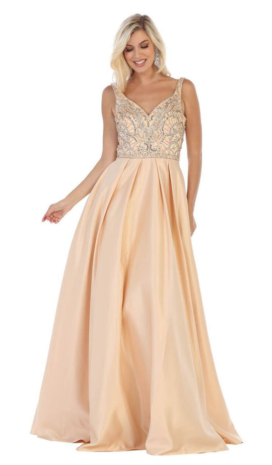 May Queen - MQ1632 Beaded V-Neck Pleated Ballgown In Nude
