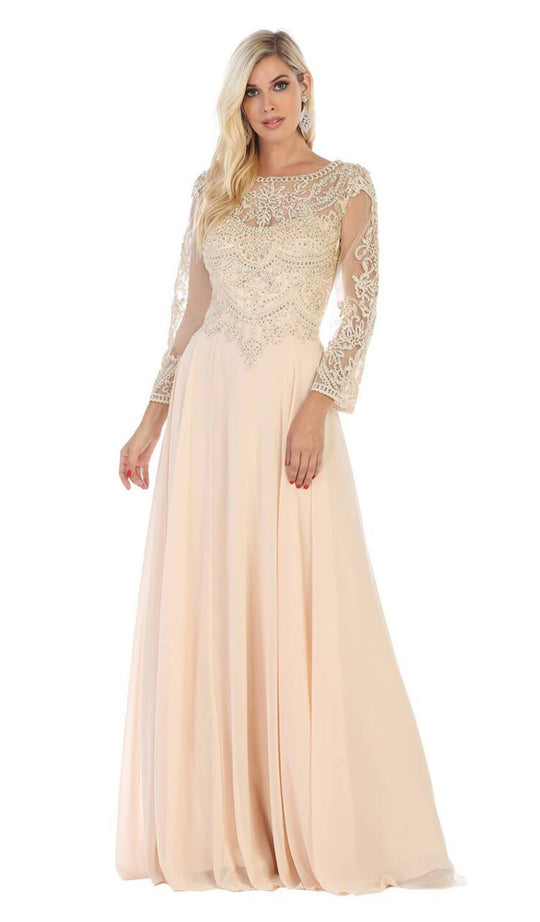May Queen - MQ1615 Embroidered Long Sleeve Bateau A-line Dress In Neutral