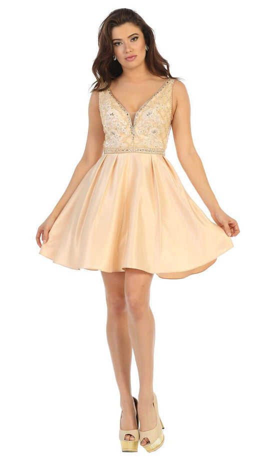 May Queen - MQ1645 Beaded Lace Ornate Illusion Cutouts Cocktail Dress In Nude