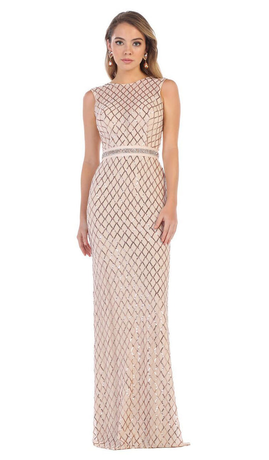 May Queen - MQ1606 Sequined Lattice Sheer Sheath Gown In Nude