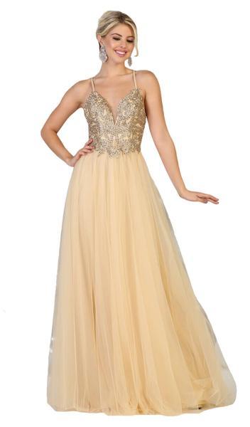 May Queen - Embellished Deep V-neck A-line Gown MQ1669 - 1 pc Navy/Silver In Size 12 Available In Neutral and Gold