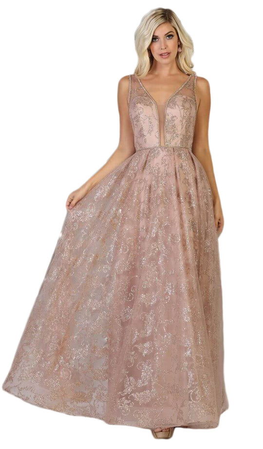 May Queen - RQ7769 Embellished Deep V-neck Pleated Ballgown In Neutral