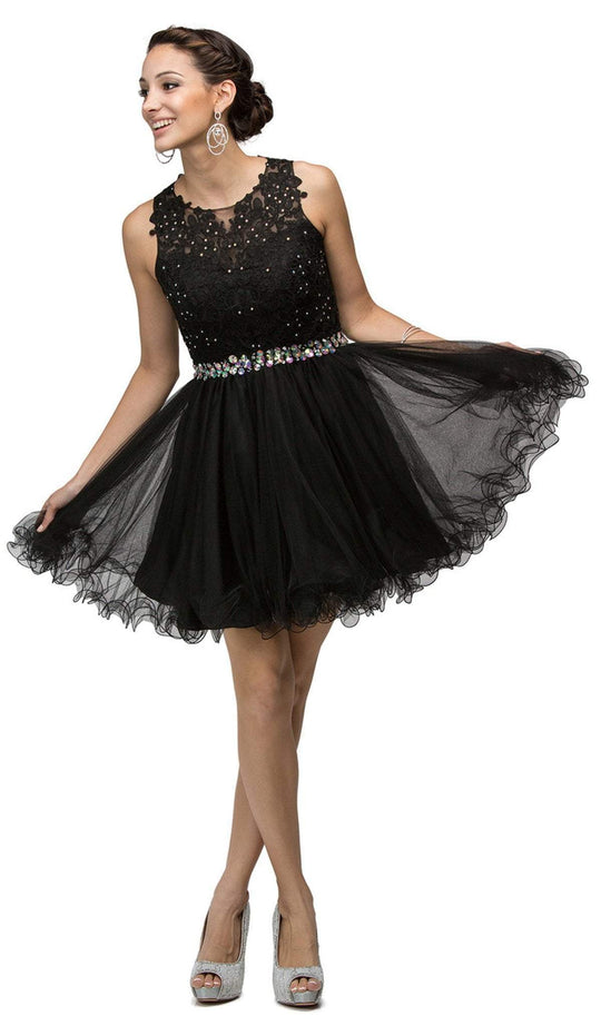Dancing Queen - 9159 Keyhole Cutout Lace Bodice Short Prom Dress In Black