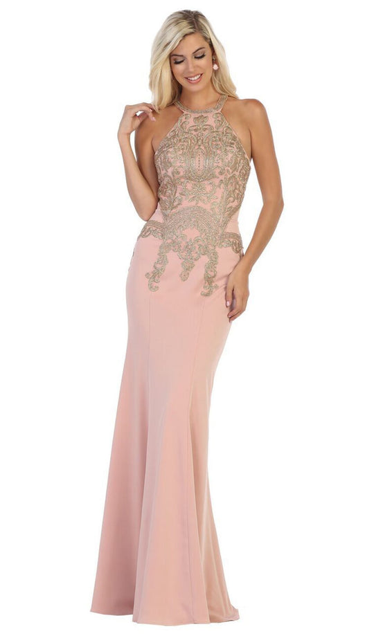 May Queen - MQ1641 Gilt-Embroidered Lace Halter Gown In Pink