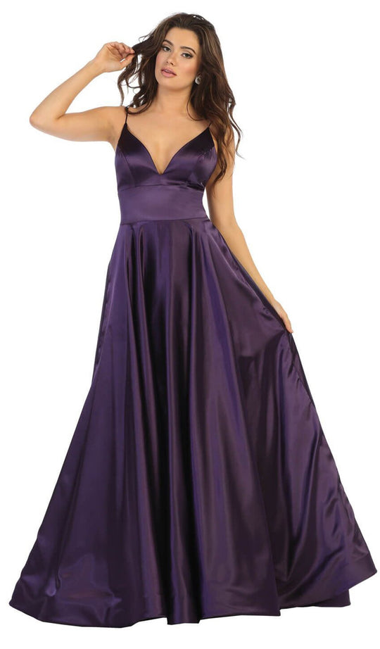 May Queen - MQ1664 V-Neck A-Line Evening Gown In Purple