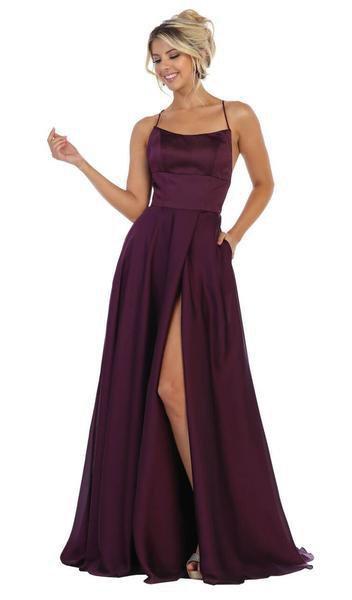 May Queen - Halter Neck Tie String Back A-Line Satin Gown MQ1642 In Purple