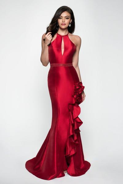 Blush - 11639 Ruffled Rosette Accented High Halter Long Gown