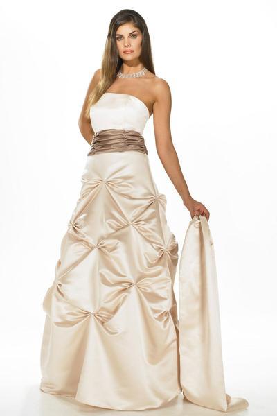 Alexia Designs - 2706 Strapless Pleated Sash Pick Up Gown In White and Brown