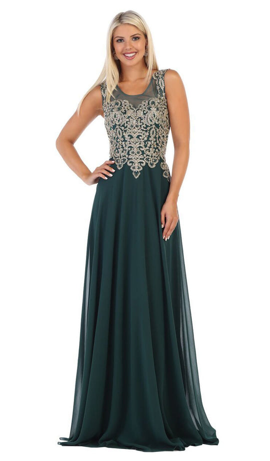 May Queen - MQ1616 Sleeveless Lace Applique Chiffon Long Dress In Green