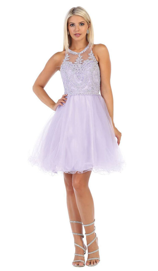 May Queen - MQ1643 Lace Applique Jewel Neck Sleeveless Cocktail Dress In Purple