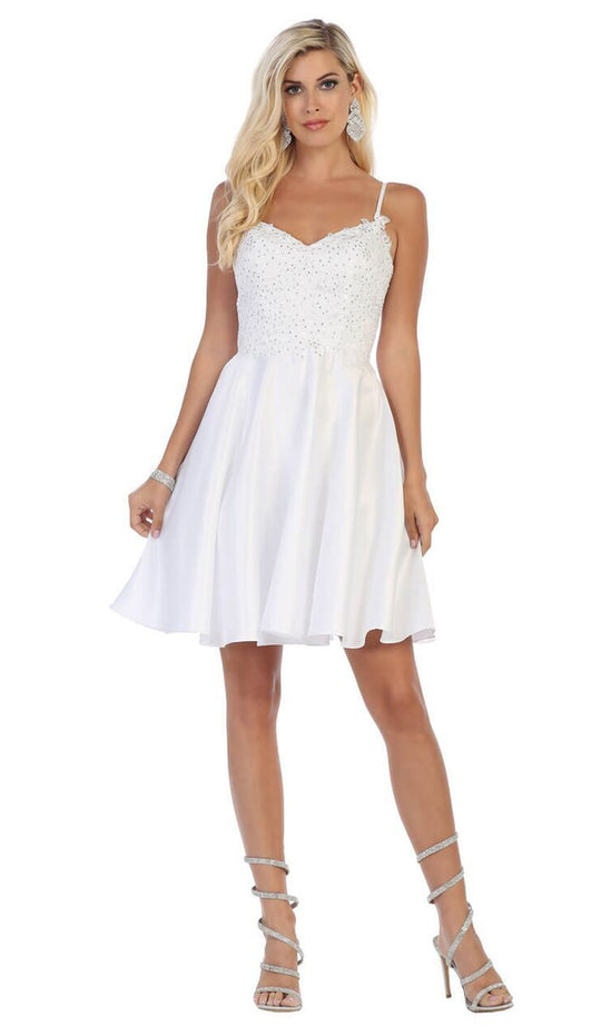 May Queen - MQ1652 Beaded Lace V-Neck A-Line Short Party Dress In White