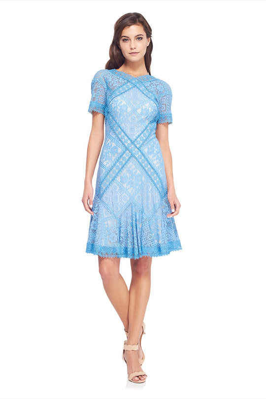 Tadashi Shoji - Short Sleeve Lace A-Line Dress In Blue
