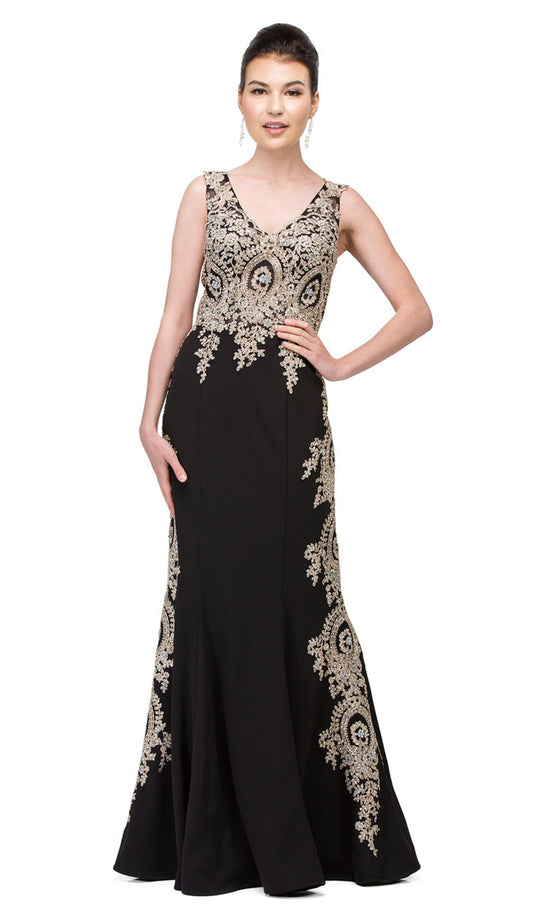 Dancing Queen - 2412 Sleeveless Embroidered Trumpet Dress In Black and Gold