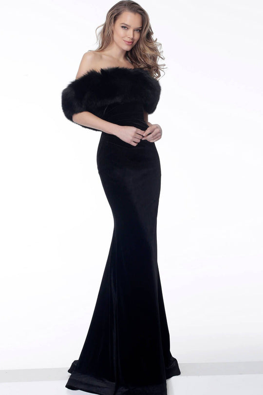 Jovani - 63995 Fur Off-Shoulder Velvet Trumpet Dress In Black