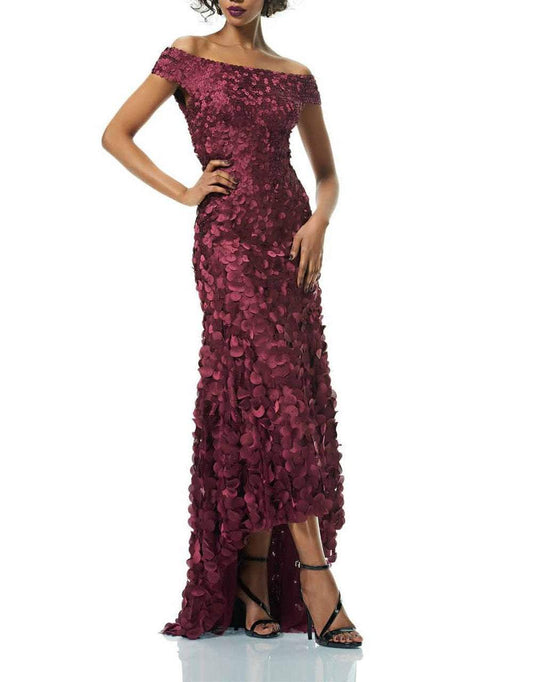 Theia - 882866 Off-Shoulder Petal Embellished High Low Gown in Red