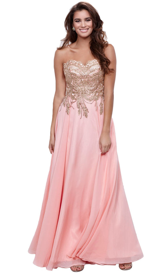 Strapless Gold Lace Appliqued Long Gown