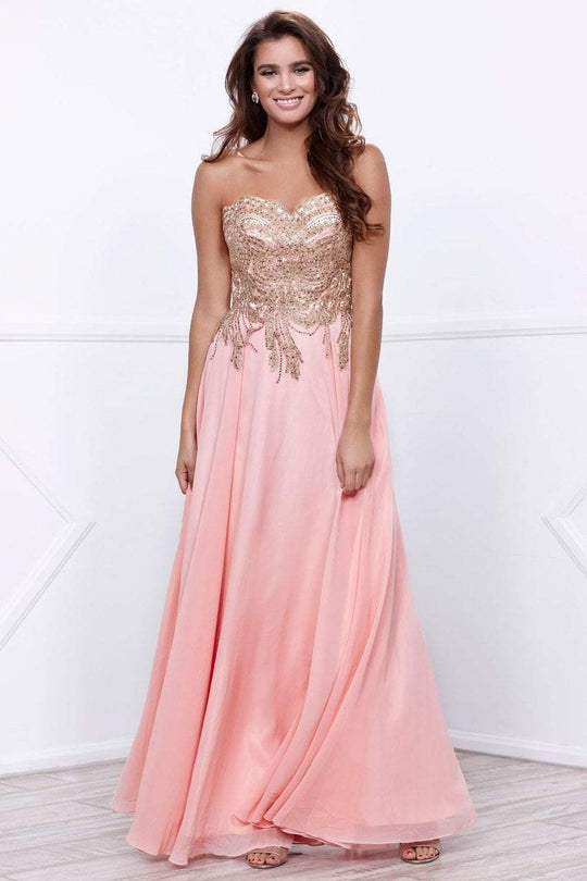 Nox Anabel - Strapless Gold Lace Appliqued Long Gown 8291 in Bashful Pink