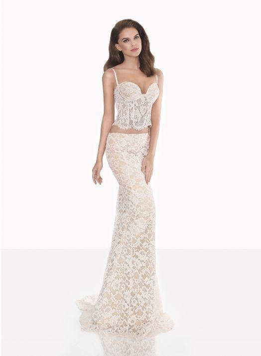 Tarik Ediz - 92691 Spaghetti Strap Two-Piece Lace Gown In White