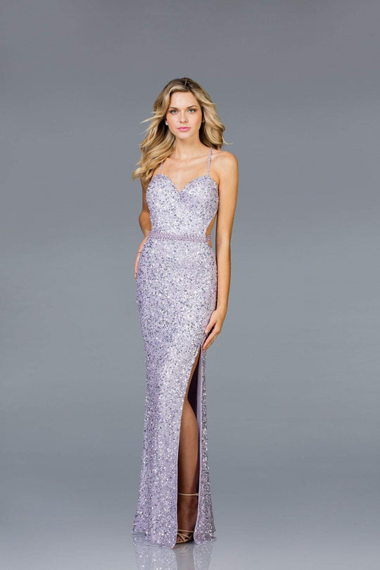 Scala - 48931 Fully Sequin Embellished Long Sheath Gown with Side slit In Purple
