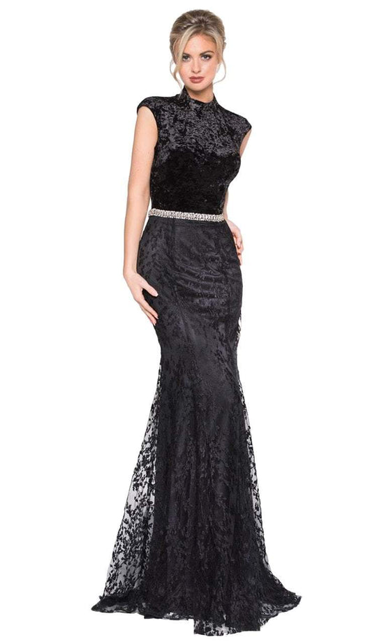 Colors Dress - 2001 Velvet High Neck Lace Trumpet Dress in Black