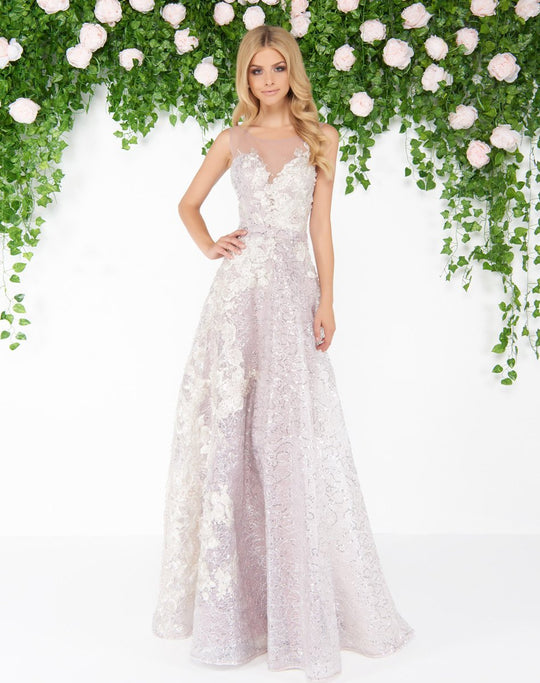 Mac Duggal - 20067D Floral Embroidered Sheer Gown In Purple