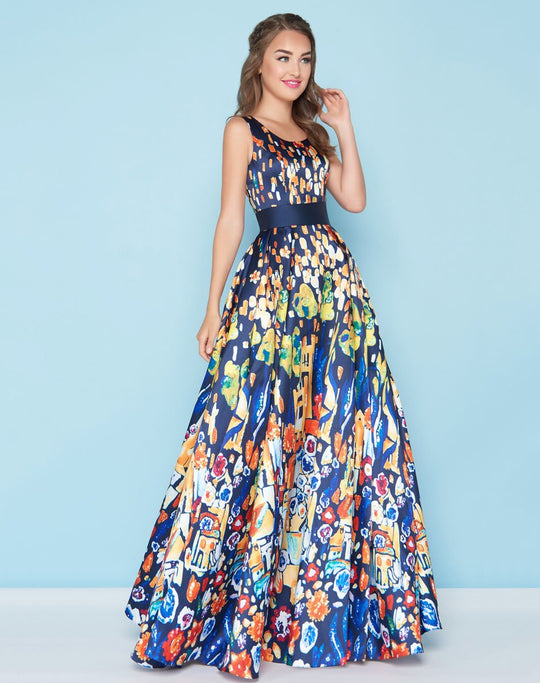 Mac Duggal - 20080H Colorful Printed Scoop Gown In Blue
