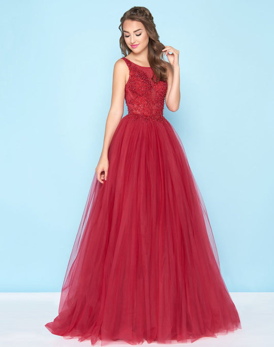 Mac Duggal - 20082H Illusion Beaded Bodice Tulle Ballgown In Red
