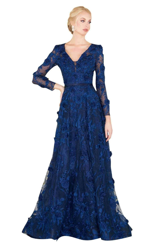 Mac Duggal Couture - 20108D Beaded Embroidered V-Neck Evening Gown in Blue