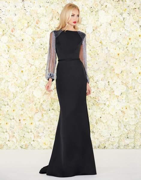 Mac Duggal - Bateau Silver Beaded Trumpet Gown 20116R In Black