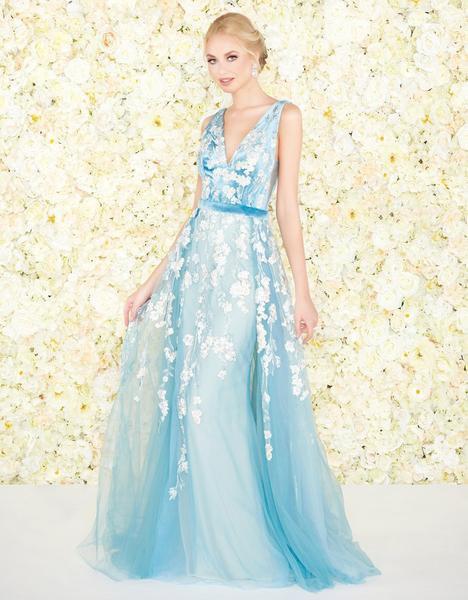 Mac Duggal Couture - 20110D Floral Embroidered Plunging V-neck Dress In Blue