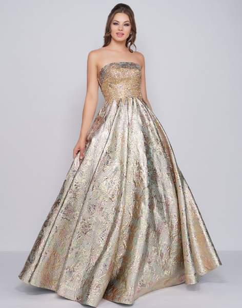 Mac Duggal Prom - 2099M Embossed Metallic Brocade Strapless Ballgown In Gold