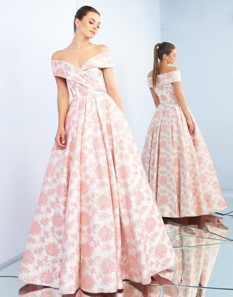 Ieena Duggal - 25918I Off Shoulder Floral Brocade Ballgown In Pink and Floral