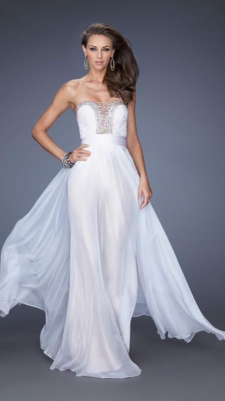 La Femme - Beaded Strapless Chiffon Evening Dress in White and Neutral