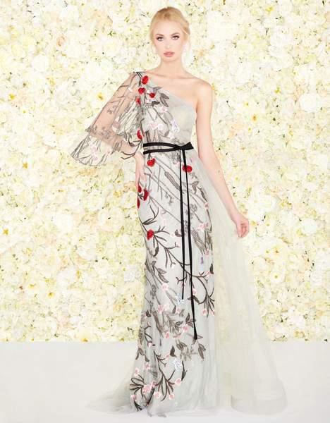 Mac Duggal Couture - 20124D Embroidered Lace Trumpet Dress With Train In Gray and Multi-Color