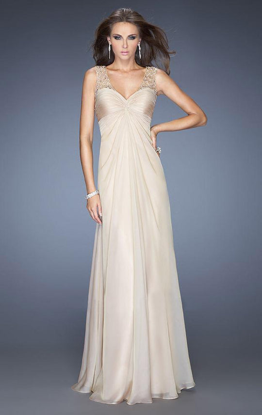 La Femme - Sleeveless Ruched Long Dress in Neutral