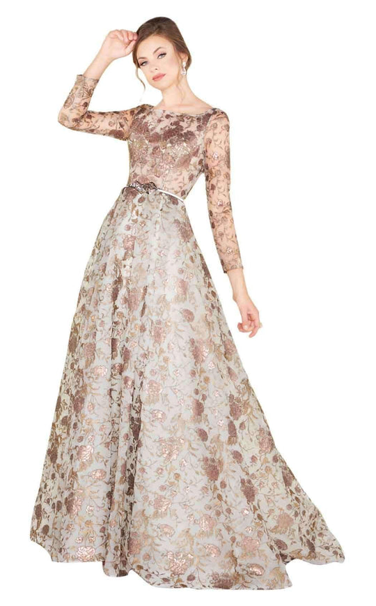 Mac Duggal Couture - 20123D Embossed Bateau A-Line Evening Gown In Brown