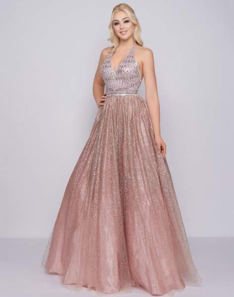 Mac Duggal Prom - 30587M Beaded Plunging Halter Ballgown In Pink