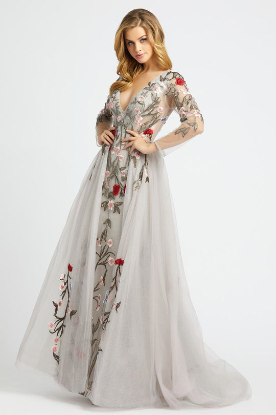 Mac Duggal Couture - 20125D Floral Embroidered Dress With Overskirt In Gray and Multi-Color