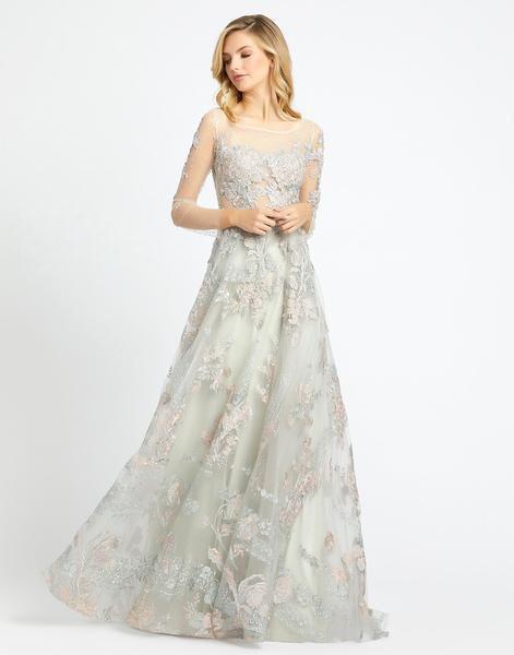 Mac Duggal Evening - 20132D Beaded Floral Embroidered A-Line Dress In Gray and Pink