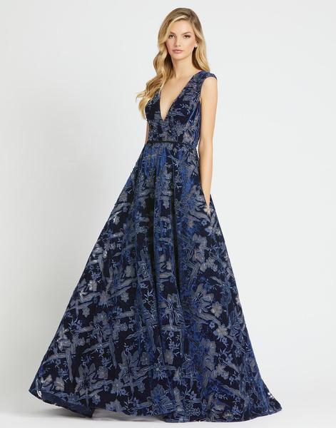 Mac Duggal Evening - 20135D Plunging V-Neck Pleated A-Line Gown In Blue