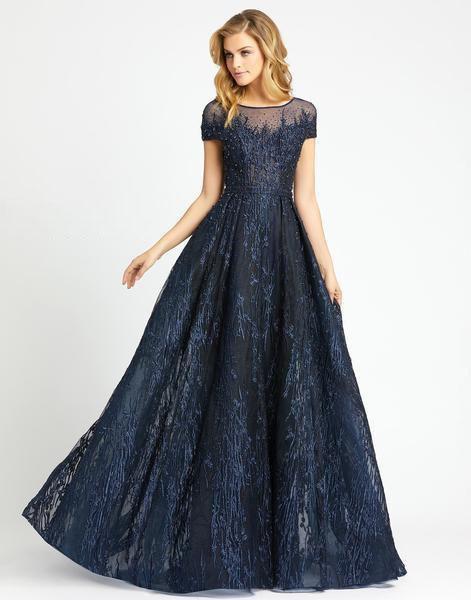 Mac Duggal Evening - 20141D Embroidered Illusion Yoke Evening Gown In Blue