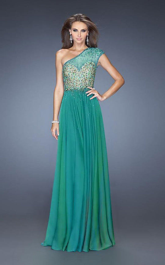 La Femme - 20141 Sheer One Shoulder A-line Dress in Green