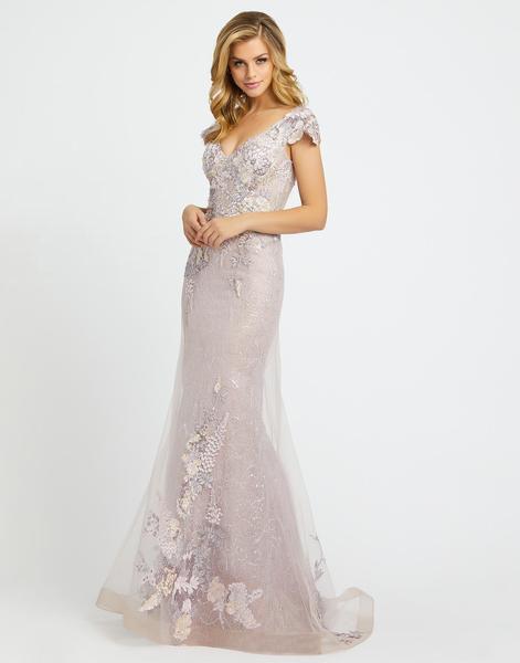 Mac Duggal Evening - 20144D Floral Appliqued V-Neck Mermaid Gown In Purple