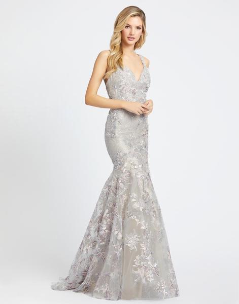 Mac Duggal Evening - 20146D Floral Embroidered V-Neck Trumpet Dress In Gray and Multi-Color