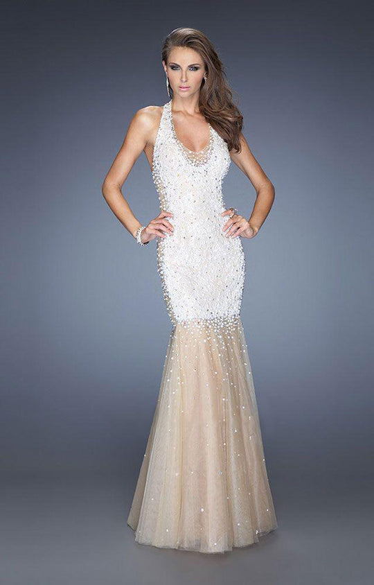 La Femme - 20147 Sparkling Halter Neck Mermaid Gown In White