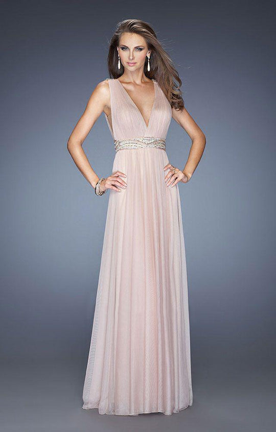 La Femme - 20149 Elegant Deep V-Neck Grecian Evening Gown In Neutral