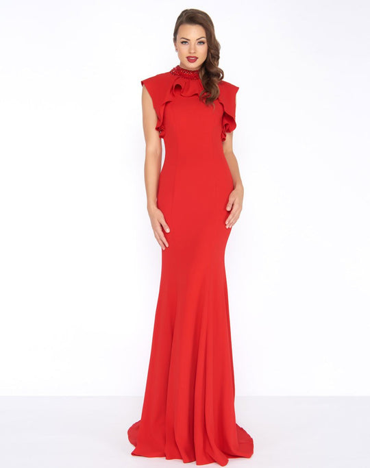 Mac Duggal - 2014R Bejeweled High Neck Ruffled Sheath Gown In Red